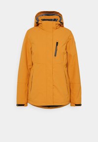 Orange vandtæt jakke med fuld lynlås, justerbar hætte, to sidelommer og en brystlomme med lynlås. Tekstureret stof med en glat overflade.