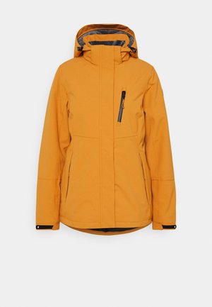 Oranje waterdichte jack met een volledige rits, verstelbare capuchon, twee zijzakken en een borstzak met rits. Gelaagd materiaal met een gladde afwerking.