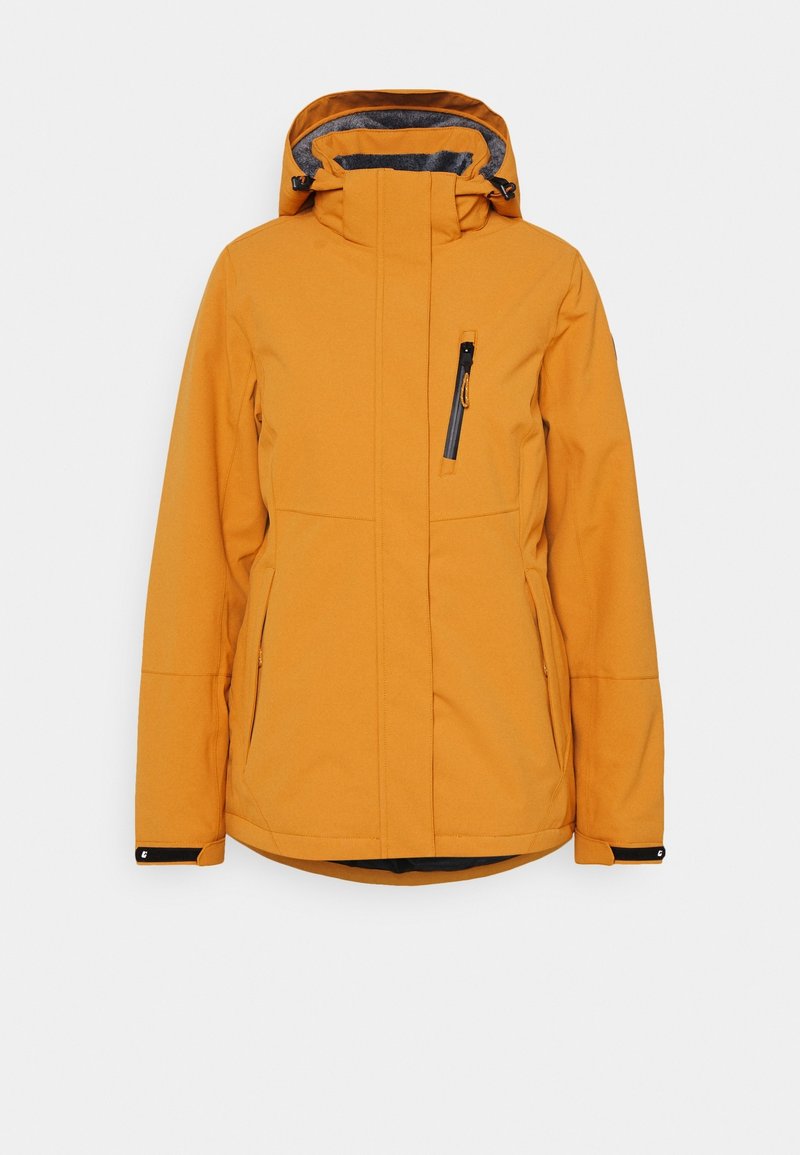 Orange vandtæt jakke med fuld lynlås, justerbar hætte, to sidelommer og en brystlomme med lynlås. Tekstureret stof med en glat overflade.