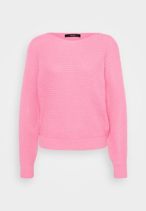 Rosa strikket genser med rund hals, lange ermer og ribbestrikkede mansjetter og kant. Har et teksturert mønster og en avslappet passform.