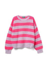 Maglione lavorato a maglia con ampie strisce rosa e grigio chiaro. Presenta un collo rotondo, maniche lunghe e un orlo corto. Texture morbida.