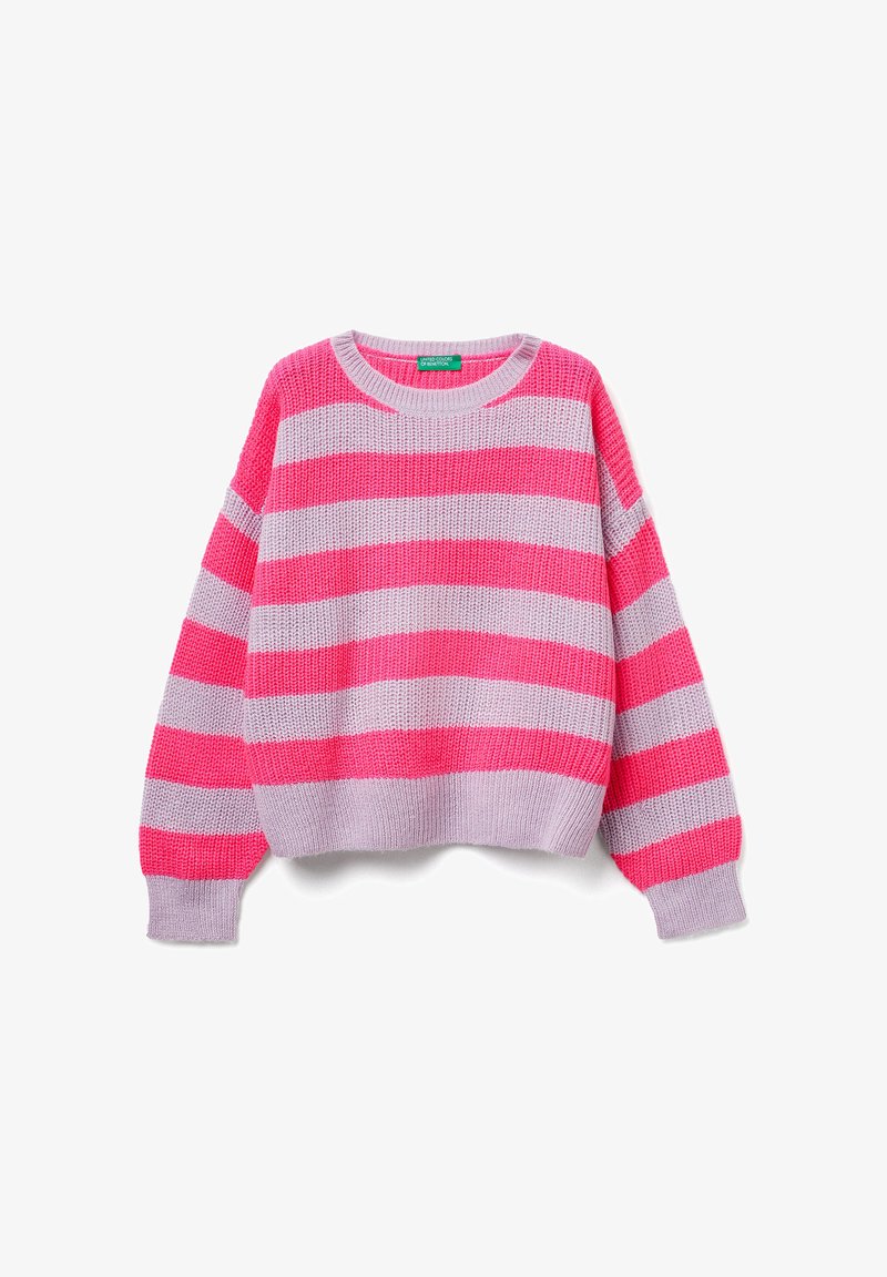 Strickpullover mit breiten rosa und hellgrauen Streifen. Verfügt über einen runden Halsausschnitt, lange Ärmel und einen cropped Saum. Weiche Textur.