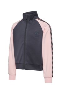 Dunkelgraue Zip-Up-Jacke mit rosenroten Ärmeln, gerippten Bündchen und seitlichen Akzenten mit Chevron-Muster. Hummel-Logo auf der Brust gestickt.