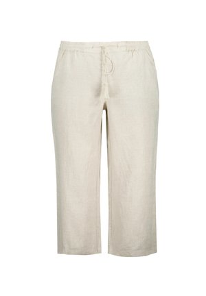 Light beige linen trousers with a loose fit, elastic waistband, and drawstring. Features a simple design and cropped length.