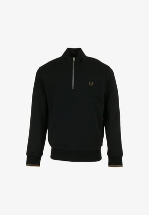 Pull-over noir avec un col montant et une fermeture éclair de quart. Présente un petit logo brodé et des poignets rehaussés de doré.