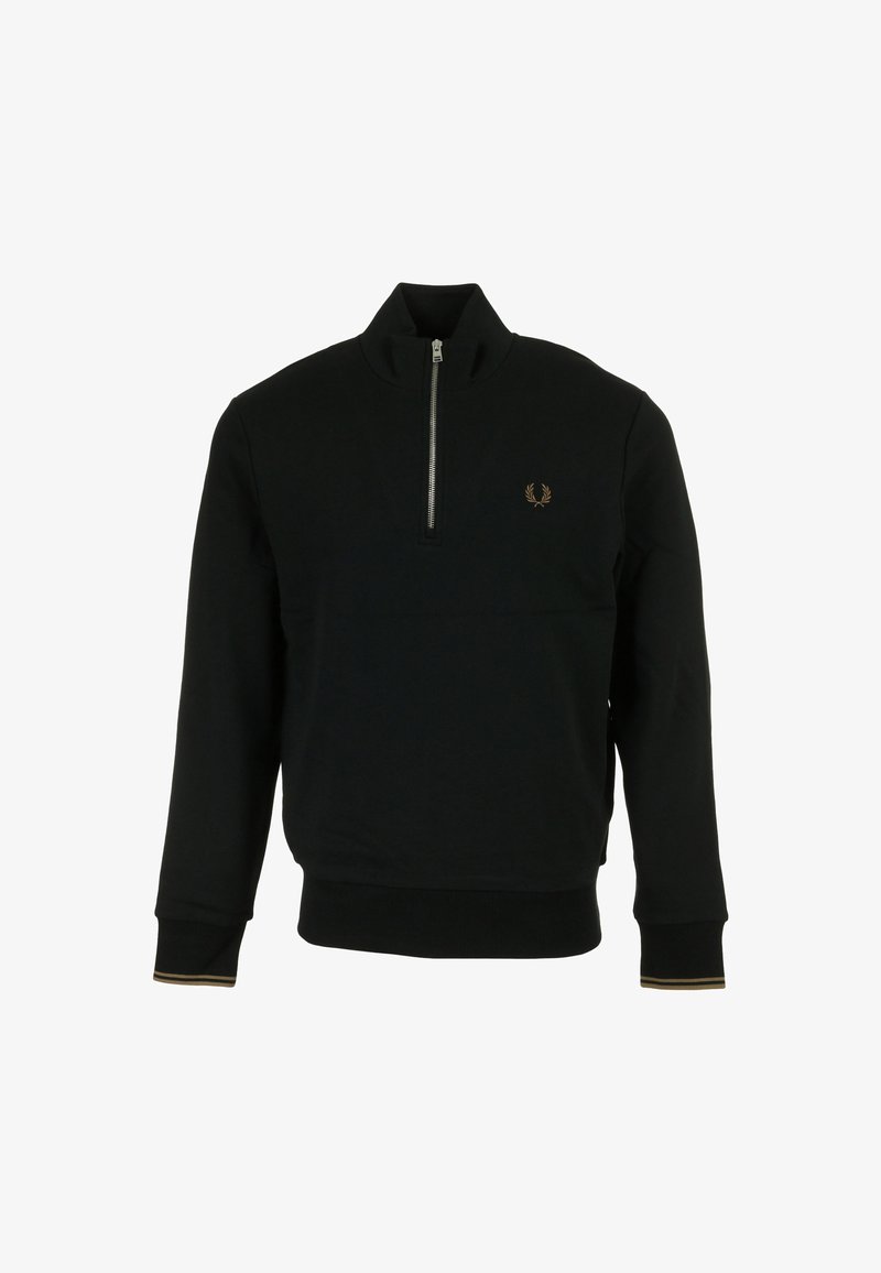 Felpa nera con colletto alto e zip a un quarto. Presenta un piccolo logo ricamato e polsini con dettagli dorati.