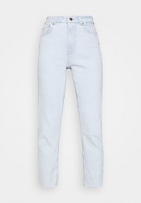 Vaqueros de tiro alto en azul claro, fabricados en denim, con cierre de cremallera y botón, bolsillos delanteros y un diseño de pierna recta ajustada.