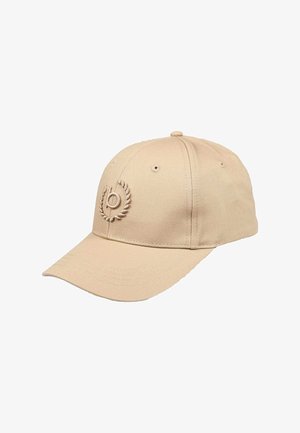 Beige Baumwoll-Baseballmütze mit gebogenem Schirm, ausgestattet mit einem gestickten Logo im Lorbeerdesign auf der Vorderseite und Belüftungsöffnungen an den Seiten.