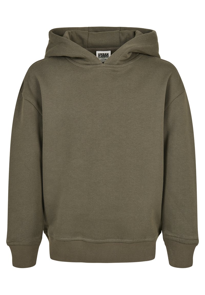 Felpa verde oliva realizzata in morbido cotone misto, con cappuccio regolabile tramite cordino, polsini e fondo a costine, dal taglio morbido.