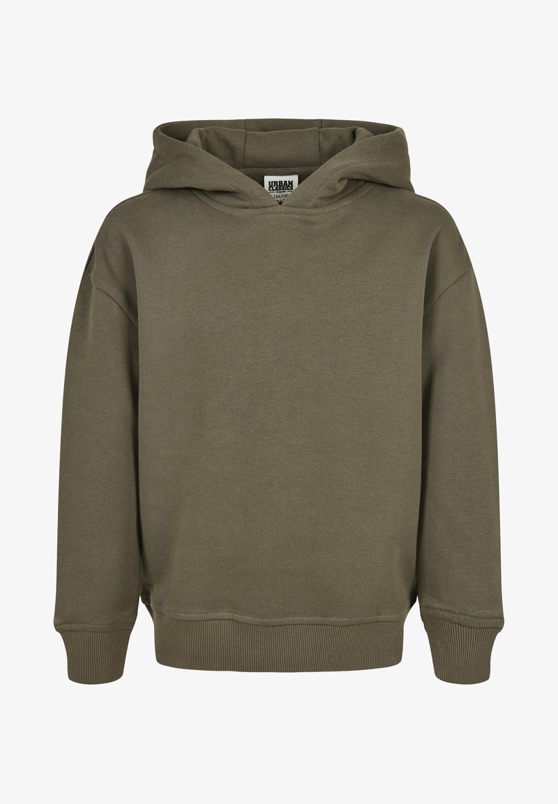 Felpa verde oliva realizzata in morbido cotone misto, con cappuccio regolabile tramite cordino, polsini e fondo a costine, dal taglio morbido.