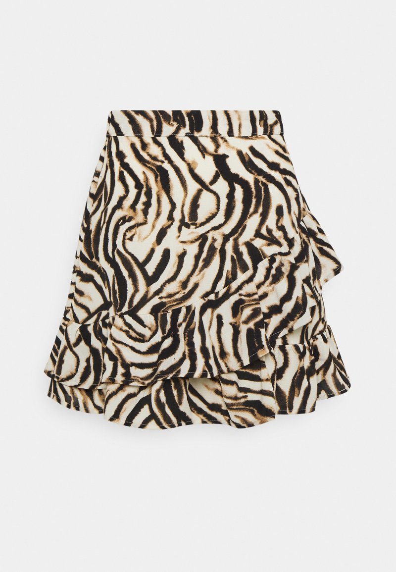 Jupe courte évasée avec volants superposés et motif zèbre abstrait beige, noir et marron sur tissu léger.