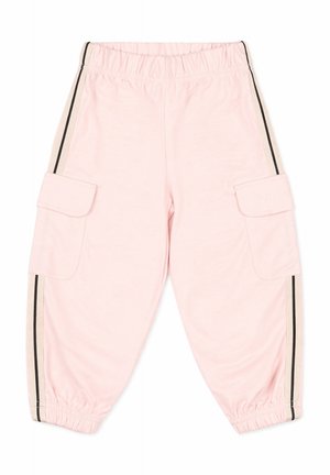 Pantaloni cargo rosa chiaro con vita e polsini elasticizzati, con tasche laterali con patte e strisce nere e beige lungo le cuciture esterne.