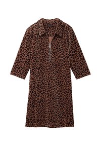 Leopardprint jurk, met korte mouwen, kraagontwerp en een halve rits. De stof heeft een zachte textuur in bruin en zwarte kleuren.