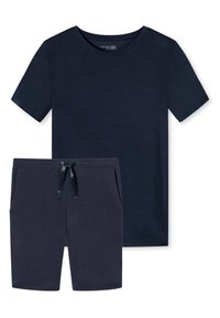 Marinsblå T-shirt med kort ärm och matchande shorts, båda i ett mjukt, slätt tyg med en avslappnad passform. Shortsen har en dragsko i midjan.