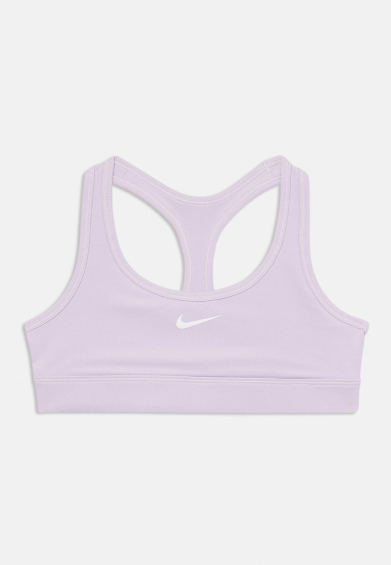 Sutiã desportivo lilás com uma textura suave, design de costura em corrida e logótipo Nike branco na parte frontal. Tecido elástico para flexibilidade e conforto.