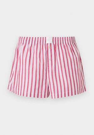 Katoenen boxershorts voor heren met verticale rode en witte strepen en twee knopen aan de voorkant van de tailleband.