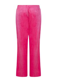 Roze fluwelen broek met een rechte pijpontwerp, elastische tailleband en zachte textuur, met een gladde afwerking zonder zakken.