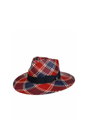 Red and navy wide-brim fedora hat with white plaid pattern and black ribbon band with a bow on the side.