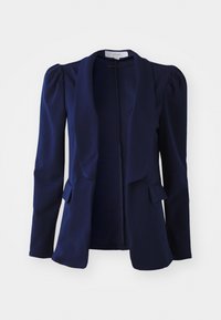 Námořnický blazer s přizpůsobeným střihem, měkkou tkaninou, šálovým límcem a nabíranými rameny. Obsahuje dvě přední kapsy a skryté zapínání vpředu.
