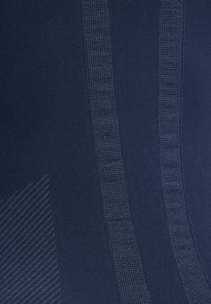 Marineblauw kledingstuk met een textuur gebreid ontwerp met horizontale en verticale strepen, met een gladde stof en subtiele patroonvariaties.