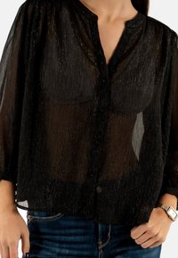 Blusa negra transparente con un cierre de botones en la parte delantera, diseño sin cuello y sutiles acentos de hilo metálico. Presenta mangas largas y un corte holgado.