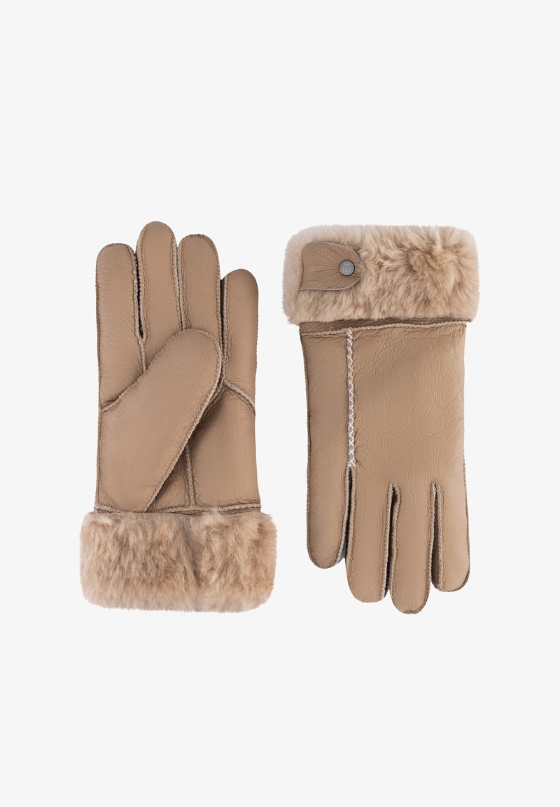 Tan leather gloves with a soft faux fur cuff, featuring contrast stitching. One glove shows fingers, and the other has a button detail.