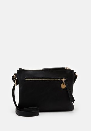 Sac bandoulière en cuir noir avec poche zippée à l'avant, fermeture éclair dorée et pendentif rond, bandoulière réglable, et fermeture principale zippée.