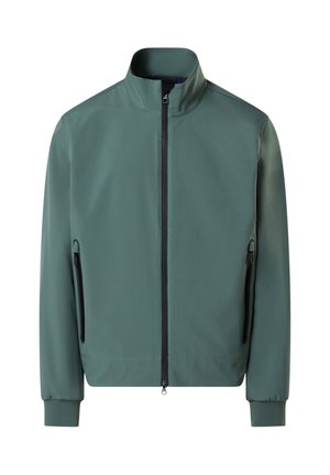Giacca verde scuro con zip, collo alto, maniche lunghe e tasche laterali con zip.