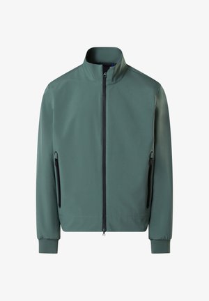 Chaqueta verde oscuro con cremallera, cuello alto, mangas largas y bolsillos laterales con cremallera.