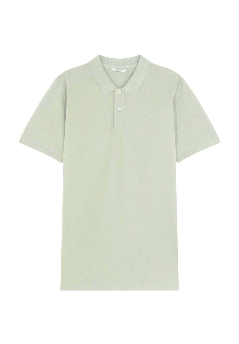 Koszulka polo w jasnym zielonym kolorze, wykonana z teksturowanej tkaniny, z krótkimi rękawami, klasycznym kołnierzykiem z dwoma guzikami oraz małym logo na klatce piersiowej.