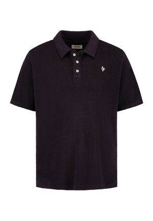 Bomulds polo-shirt i mørk lilla, med krave, tre-knaps placket og lille broderet logo på brystet. Blød tekstur.
