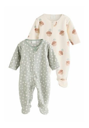 Zwei Baby-Strampler mit langen Ärmeln, einer grau mit weißen Punkten und einer cremefarben mit braunen Eichelmustern, beide mit Reißverschluss vorne und Fußteil.