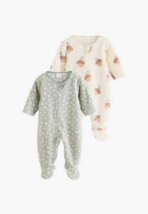 To langærmede babybodyer, den ene grå med hvide prikker og den anden cremefarvet med brune agernmønstre, begge med lynlås foran og med fødder.