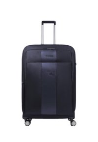 Zwart reiskoffertje met een glad oppervlak, voorzien van een verticale donkere paneel, ritssluiting en vier wielen voor gemakkelijke mobiliteit.