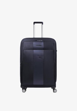 Valigia nera con ruote e superficie liscia, caratterizzata da un pannello verticale scuro, chiusura con cerniera e quattro ruote per una facile mobilità.