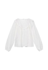Blusa bianca a maniche lunghe realizzata in tessuto leggero, con scollatura arricciata e polsini elasticizzati, dal taglio ampio e rilassato.
