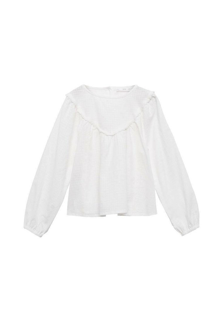 Blusa bianca a maniche lunghe realizzata in tessuto leggero, con scollatura arricciata e polsini elasticizzati, dal taglio ampio e rilassato.