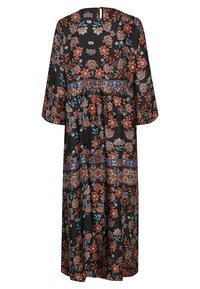 Robe maxi noire à fleurs avec des manches trois-quarts, présentant des motifs floraux et géométriques colorés, et une fermeture à boutons dans le dos.