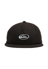 Schwarze Baseballmütze mit gerundetem Kopfteil, flachem Schirm und silbernem Logo auf der Vorderseite. Hergestellt aus einem Stoff mit sichtbaren Nähdetails.