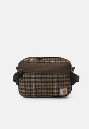 Brown plaid messenger bag with zip pocket, adjustable strap, and logo patch. Material features a textured fabric with contrasting plaid pattern.