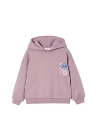 Light purple hoodie with a kangaroo pocket, ribbed hem, and cuffs. Features a graphic of Stitch on the left side. Soft jersey texture.
