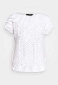 Vit stickad kortärmad tröja med en texturerad design, ribbade accenter, rund halsringning och diamantkabelmönster.