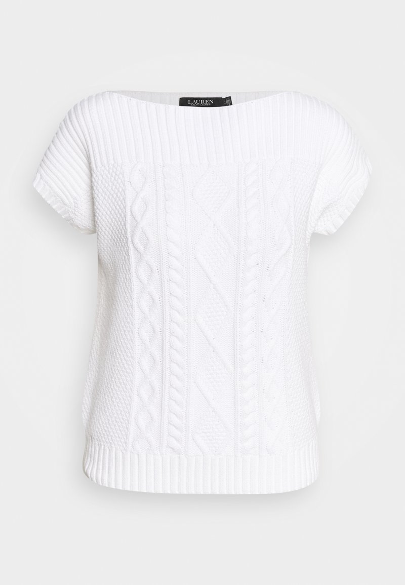 Vit stickad kortärmad tröja med en texturerad design, ribbade accenter, rund halsringning och diamantkabelmönster.