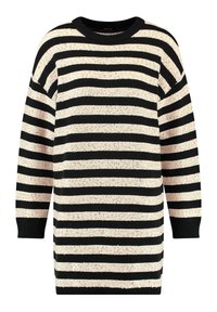 Zwart en crème gestreepte trui met een ronde hals, lange mouwen en ribbelmanchetten. Gebreide textuur met een iets losse pasvorm.