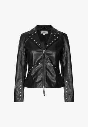 Black leather motorcycle jacket featuring a zip front, studded collar and cuffs, textured surface, and angled seams for a fitted look.