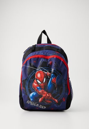 Sac à dos bleu et noir avec des accents rouges, arborant un graphique de Spider-Man, des compartiments zippés et des poches latérales en mesh.