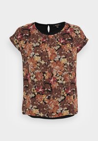 Blouse florale avec un motif marron, noir et orange, dotée de manches courtes, d'un dos en forme de clé et d'un tissu doux et léger.