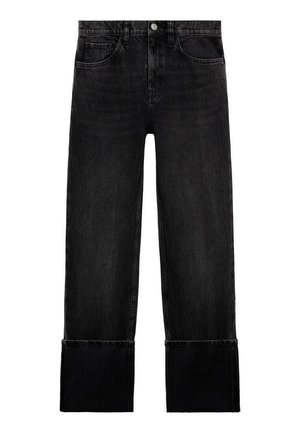 Jeans in denim nero con taglio dritto, caratterizzati da una vita alta, cinque tasche e un orlo ripiegato alla caviglia. Texture invecchiata su tutta la superficie.