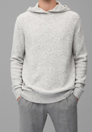 Helles graues Pullover-Hoodie aus weichem, strukturiertem Stoff. Verfügt über einen gerippten Saum und Bündchen sowie eine lockere Passform. Wird mit grauen Hosen getragen.
