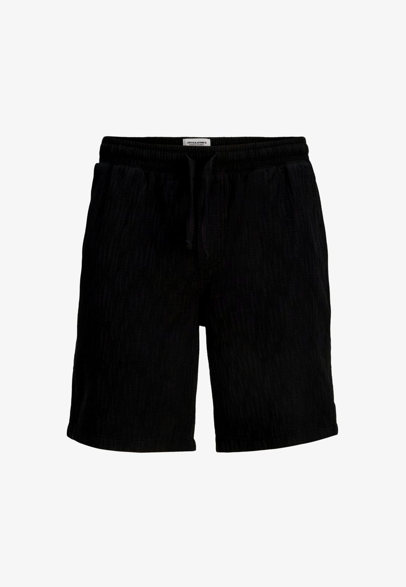 Shorts noirs avec une ceinture élastique et un cordon de serrage, présentant un motif texturé. Deux poches latérales sur une silhouette à coupe droite.